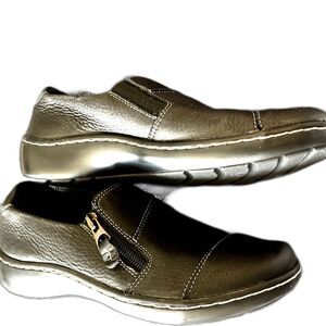 Clarks Cora Harbor Black Leather Slip On Loafer Shoes Woman’s 6 1/2 M Side Zip